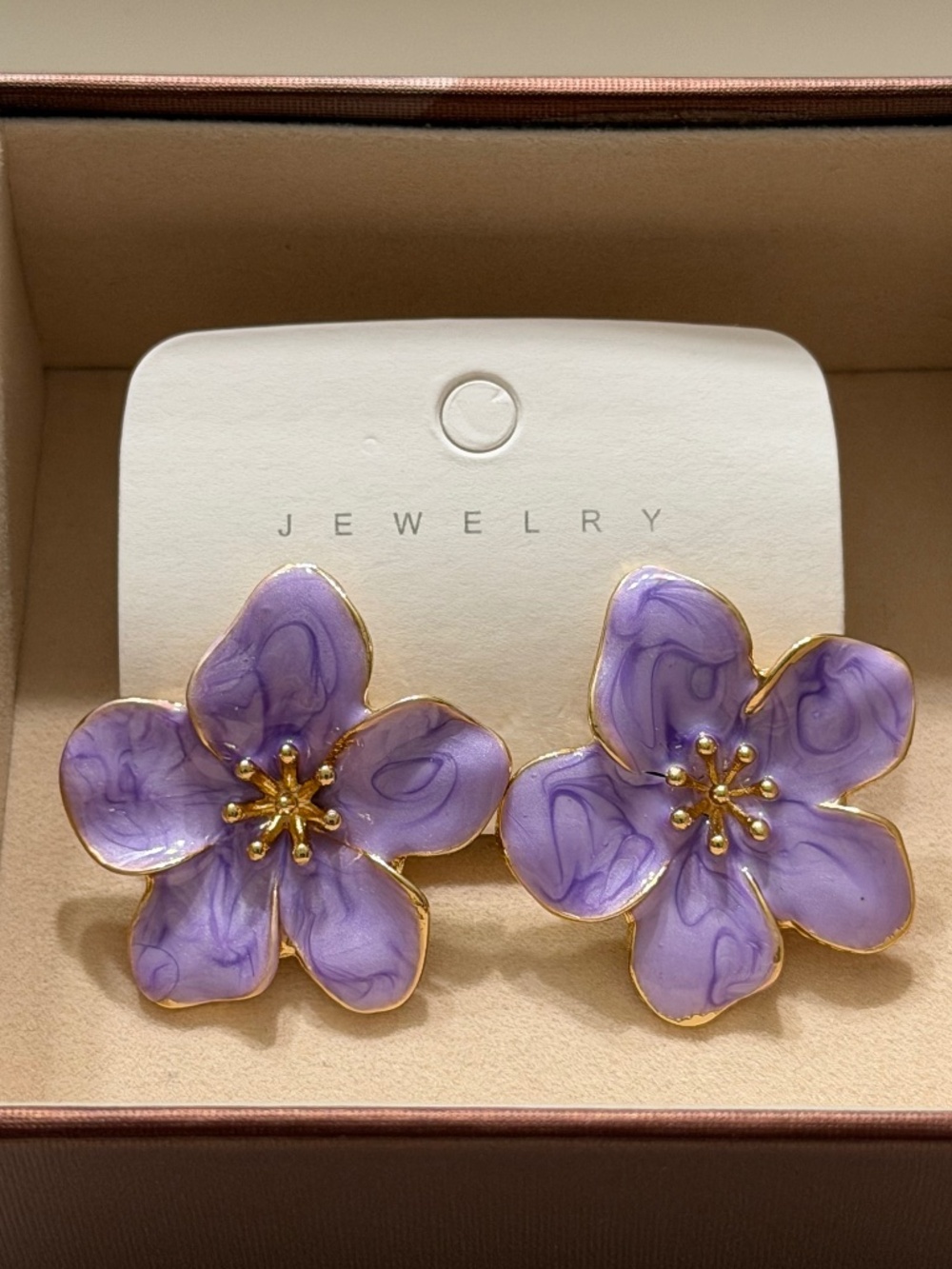 Golden Mauve Enamel 5-Petal Flower Statement Earrings